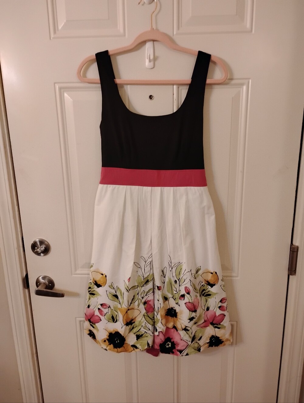 Girls Black & White Floral Dress with Pink Waistband